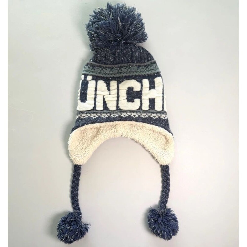 Robin Ruth Earflap Winter Beanie Pom-Pom Adult Size Blue Marled Knit